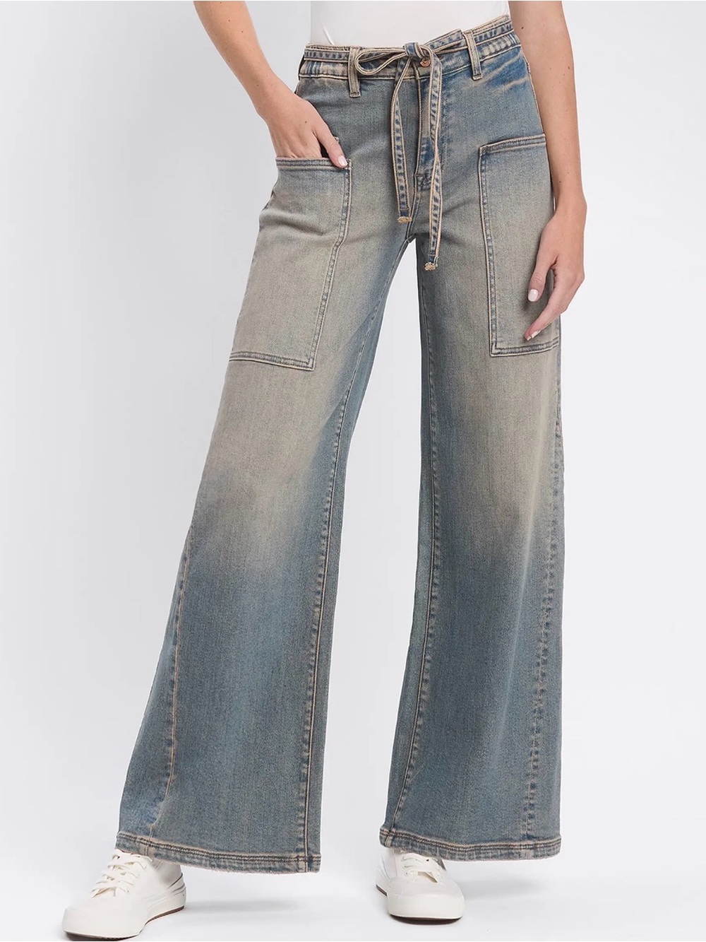 Flying Monkey Faded Blue Wide-Leg Tie-Belt Jeans